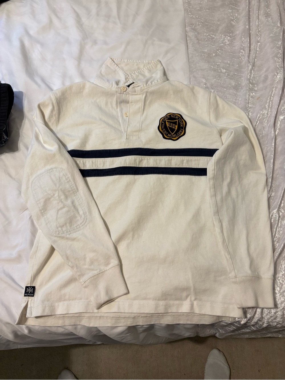 Men's White Rugby-Style Long Sleeve Shirt with Navy Stripes